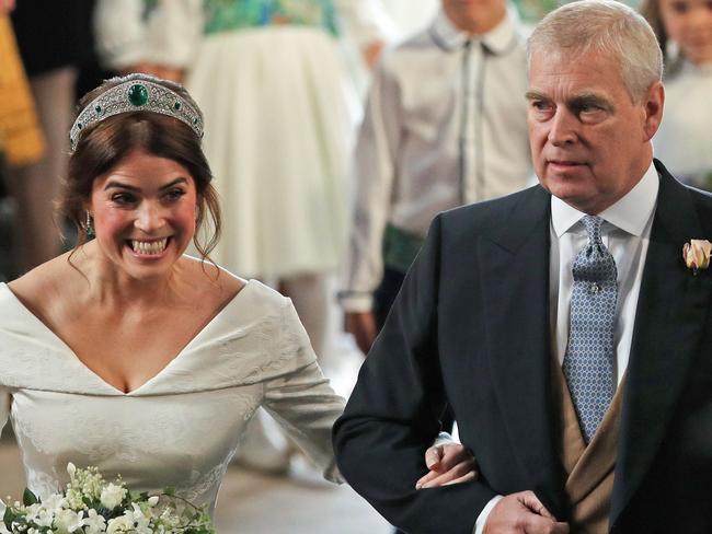 Princess Eugenie and her father, Prince Andrew, during her wedding to Jack Brooksbank at Windsor Castle in 2018. Picture: AFP