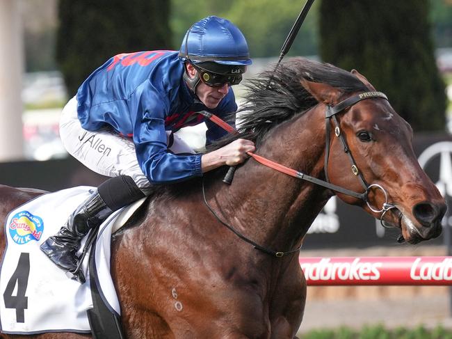 Steparty ridden by John Allen wins the McMahon's Dairy McKenzie Stakes at Moonee Valley Racecourse on September 09, 2023 in Moonee Ponds, Australia. (Photo by Scott Barbour/Racing Photos via Getty Images)