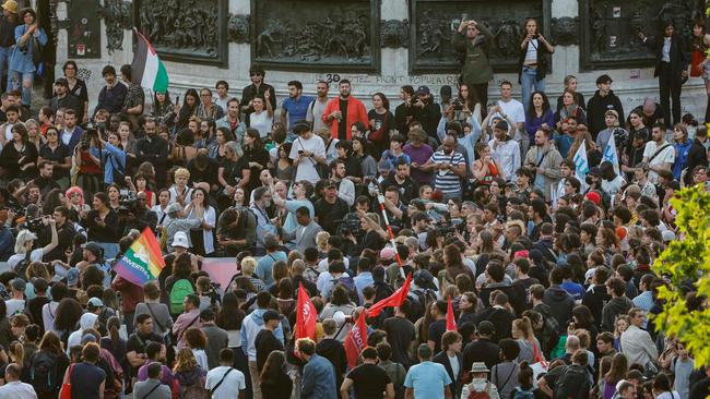 Demonstrators take part in a rally after the announcement of the results of the first round of French parliamentary elections, at Place de la Republique in Paris. Picture: AFP