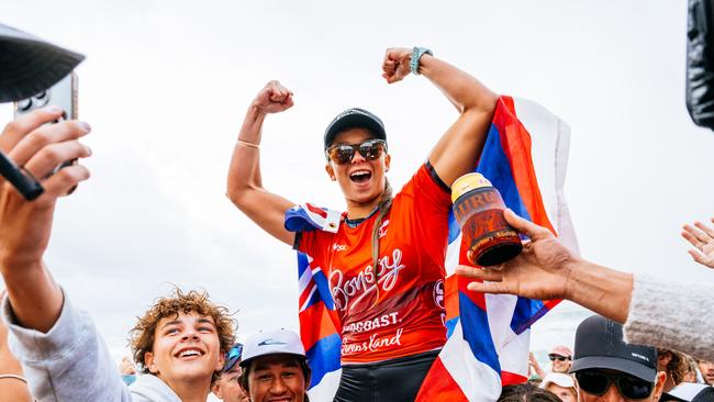 Bettylou Sakura Johnson of Hawaii celebrates winning the final of the Bonsoy Gold Coast Pro on Saturday at Burleigh Heads. (Photo by Beatriz Ryder/World Surf League)