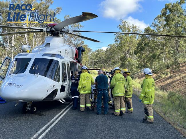 A woman suffered significant injuries after a bus that was travelling along Esk Crows Nest Rd towards Biarra just after 8am collided with her car.
