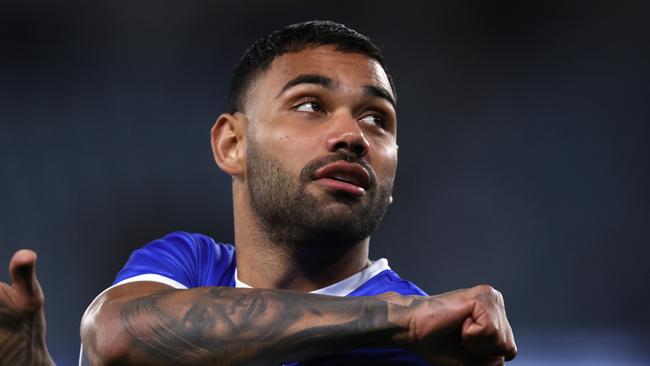 MELBOURNE, AUSTRALIA - AUGUST 12: Tarryn Thomas of the Kangaroos warms up before the round 22 AFL match between North Melbourne Kangaroos and Essendon Bombers at Marvel Stadium, on August 12, 2023, in Melbourne, Australia. (Photo by Darrian Traynor/Getty Images)