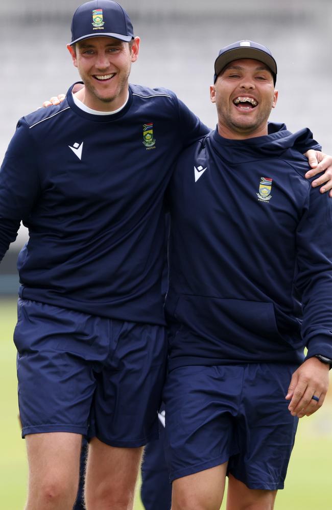 Stuart Broad has a laugh with South Africa’s Dane Paterson during a nets session at Lord's. Picture: Getty Images