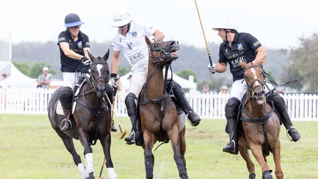 Zara Tindall, Nacho Figueras and Billy Slater in action during the Magic Millions Polo. Picture Marsden.