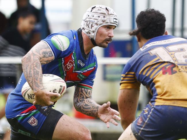 Innisfail's Aaron Jolley looks for a gap in the Roos' defence in the Far North Queensland Rugby League (FNQRL) A Grade match between the Cairns Kangaroos and the Innisfail Brothers, held at Vico Oval, Mooroobool. Picture: Brendan Radke