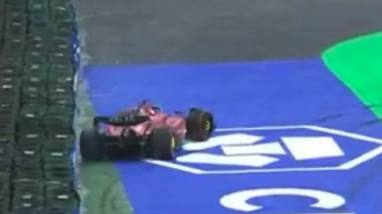 Charles Leclerc went off the track and into the wall late in the race. Photo: Fox Sports.