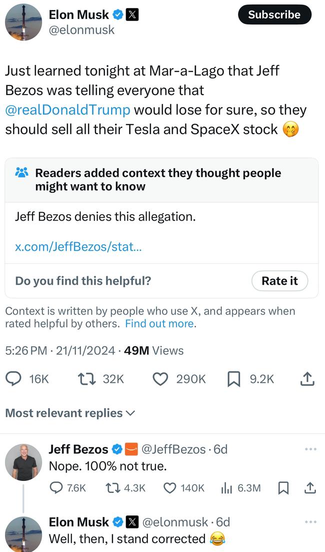 An exchange between tech billionaires Elon Musk and Jeff Bezos on X regarding the outcome of the 2024 US presidential election.