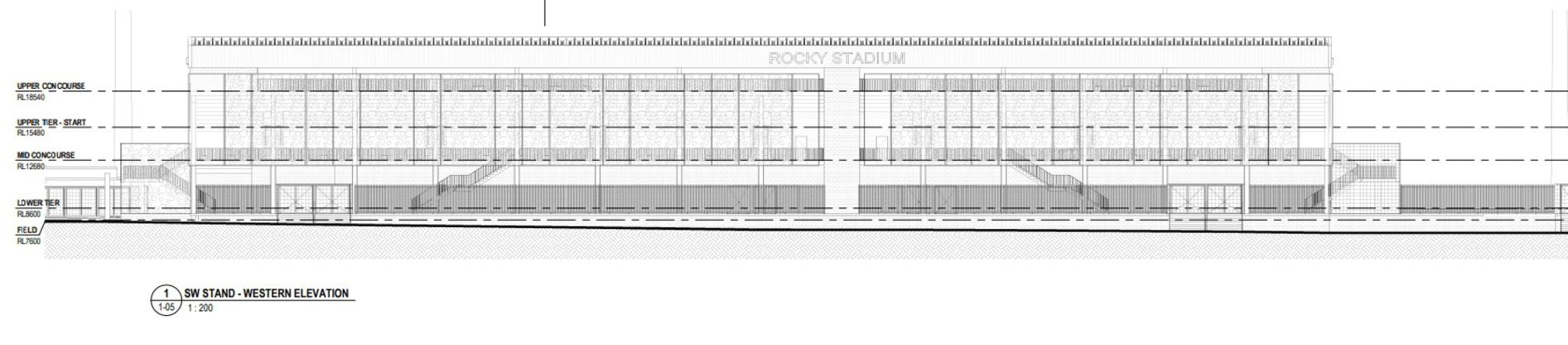 Looking at the southwest stand from west of the Rocky Stadium.