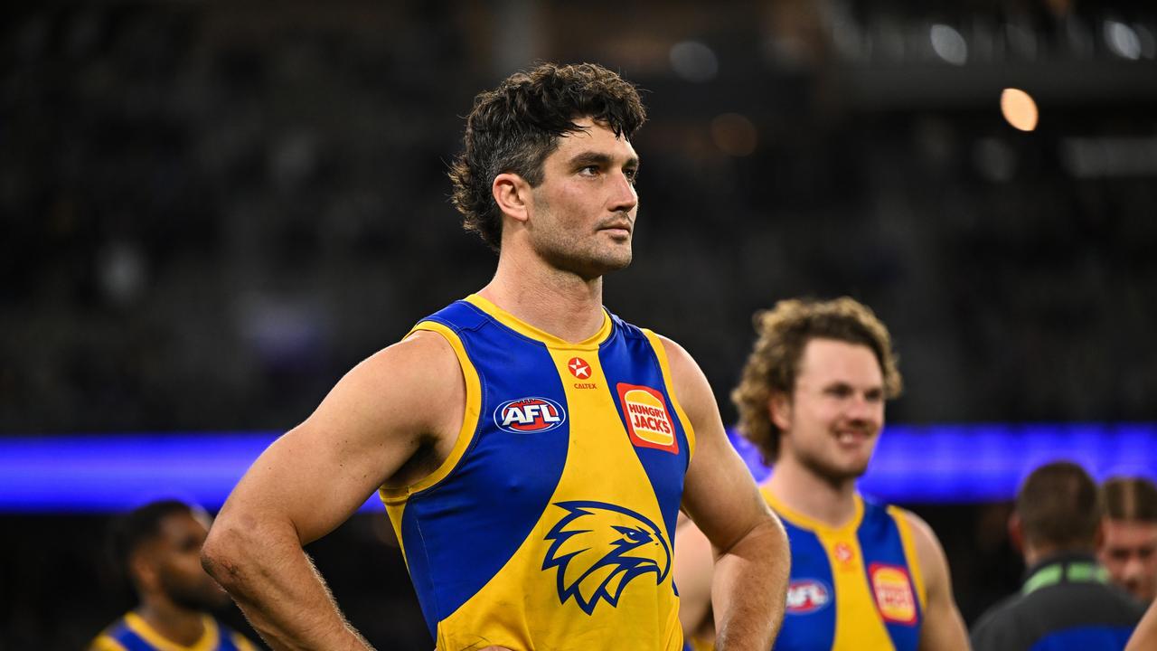 PERTH, AUSTRALIA – JULY 27: Tom Barrass of the Eagles looks on after the loss during the 2024 AFL Round 20 match between the Fremantle Dockers and the West Coast Eagles at Optus Stadium on July 27, 2024 in Perth, Australia. (Photo by Daniel Carson/AFL Photos via Getty Images)