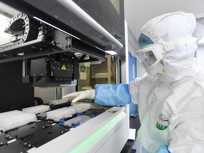 This photo taken on February 6, 2020 shows a laboratory technician working on samples from people to be tested for the new coronavirus at "Fire Eye" laboratory in Wuhan in China's central Hubei province. - BGI Group, a genome sequencing company based in southern China, said it opened on February 5 a lab in Wuhan able to test up to 10,000 people per day for the virus. The official Chinese death toll from the coronavirus outbreak rose on February 7 to 636, with the government saying total infections had climbed past 30,000. (Photo by STR / AFP) / China OUT