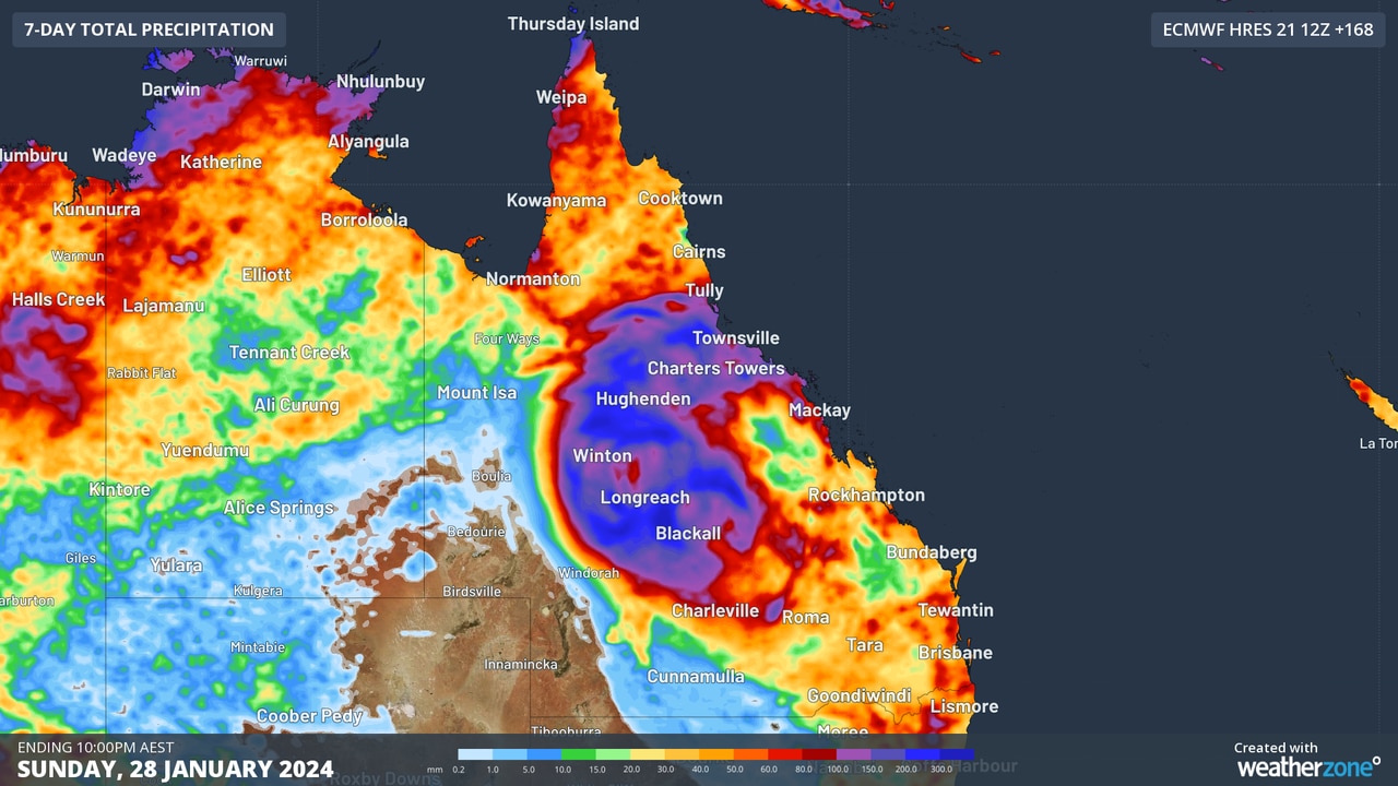 Forecast accumulated rain during the 7 days ending on Sunday, January 28, 2024, according to the ECMWF-HRES model.