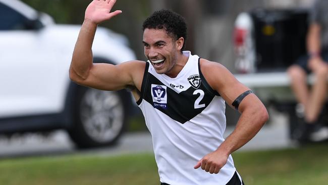 Zac Foot celebrates a goal for the Southport Sharks in the VFL. Photo: Deion Menzies/Highflyer Images.