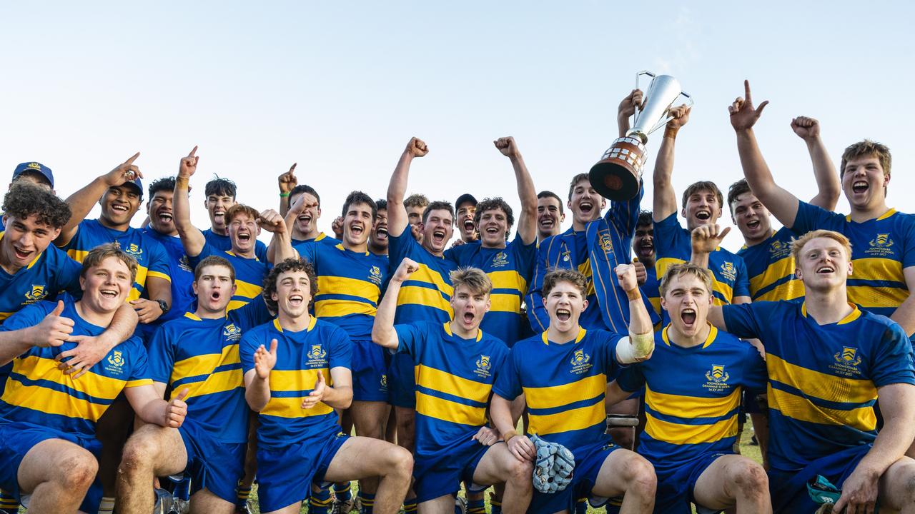 TGS First XV celebrate defeating Downlands to claim the O'Callaghan Cup on Grammar Downlands Day at Downlands College, Saturday, August 6, 2022. Picture: Kevin Farmer