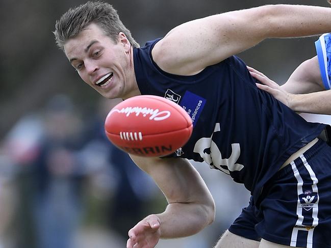 Fletcher Hustwaite and William Flavelle in action during the MPNFL Div : Edi-Asp v Rosebud football match in Aspendale, Saturday, April 27, 2019. Picture: Andy Brownbill