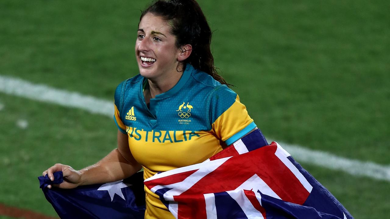 Emilee Cherry of Australia celebrates winning gold at the Rio 2016 Olympic Games.