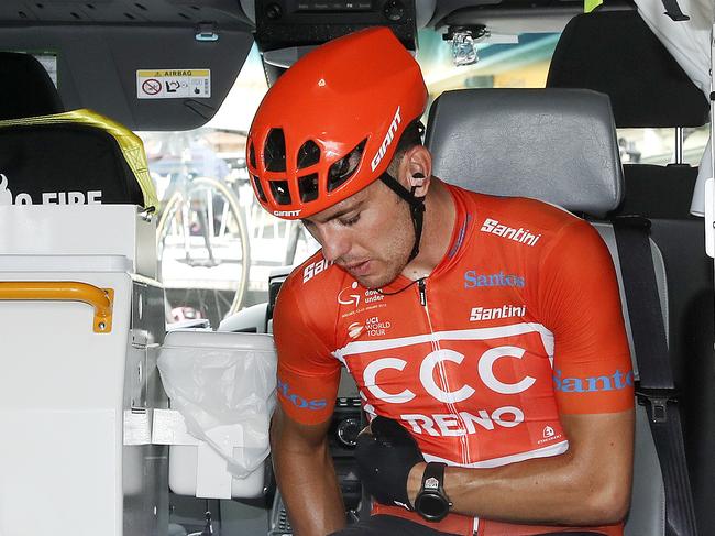 CYCLING - Tour Down Under - Stage 5 - Glenelg to Strathalbyn. The Ochre Jersey of Patrick Bevin sits in an ambulance after crashing at around the 10km from the finish. Picture SARAH REED