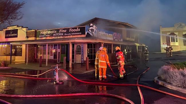 Three businesses, including two cafes and a butchers, caught fire on Dauncey Street in Kingscote, Kangaroo Island. Picture: SA CFS