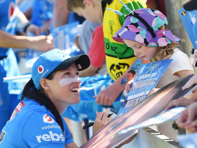 Great crowds have attended the Strikers final home games over the past two weekends. Strikers bowler Megan Schutt signs autographs after her side’s 57-run win over Melbourne Stars in Nuriootpa. Picture: AAP Image/David Mariuz.