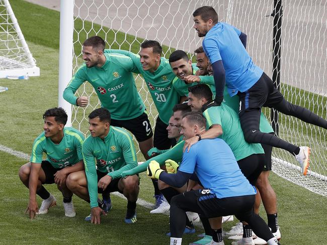 The Socceroos train — and muck around — at Stadium Trudovye Rezervy in Kazan as they prepare for their opening World Cup match against France on Saturday.  Picture: Toby Zerna