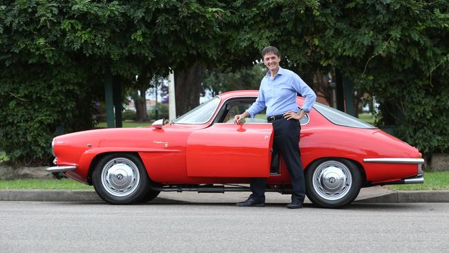 04/04/2019. Eddy Failla, President of Alfa Romeo Owners Club in Sydney, with collectors car Alfa Romeo Giulietta Sprintspeciale 1959. Photographed at the Alfa and Fiat Service Centre in Ashfield, Sydney. Britta Campion / The Australian