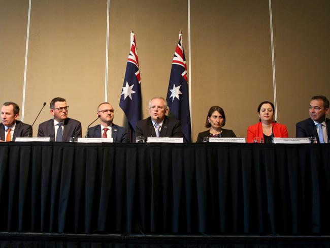 Mayor David O'Loughlin, President of the Australian Local Government Association, Premier of Tasmania Will Hodgman, Premier of Western Australia Mark McGowan, Premier of Victoria Daniel Andrews, Chief Minister of the Australian Capital Territory Andrew Barr, Prime Minister Scott Morrison, Premier of NSW Gladys Berejiklian, Premier of Queensland Annastacia Palaszczuk, Premier of South Australia Steven Marshall and Chief Minister of the Northern Territory Michael Gunner speak with the media after the Council of Australian Governments (COAG) meeting in Adelaide, Wednesday, 12 December 2018. (AAP Image/Kelly Barnes) NO ARCHIVING