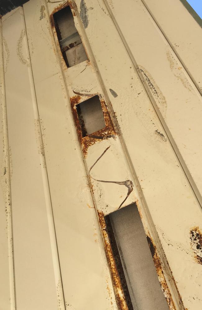 Damage and dilapidation at homes in Bellamack, Palmerston. The homes were built as part of a Northern Territory Government affordable housing scheme. Known as Titan Homes, they were built by Perth-based Brierty Ltd. Picture: Matt Cunningham