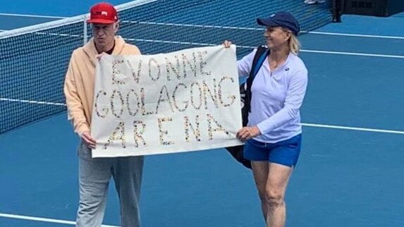 John McEnroe and Martina Navratilova stage their protest aimed at Margaret Court. Picture: Twitter