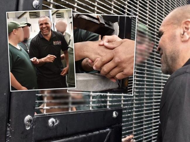 Former boxing and league champ Anthony Mundine visits prisoners at Long Bay jail.