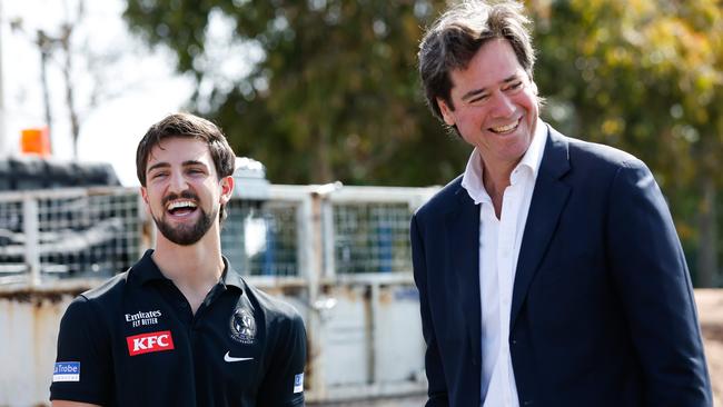 Collingwood’s Josh Daicos with AFL chief executive Gillon McLachlan. Picture: Dylan Burns/AFL Photos via Getty Images