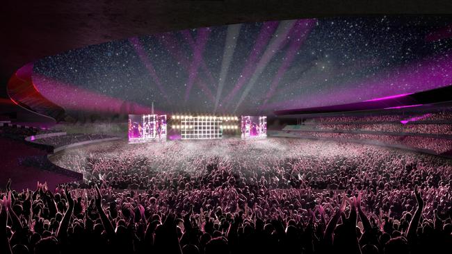 Artist renders of a bold new plan for Hobart’s largely derelict waterfront area, Macquarie Point — proposing to construct a 27,000-seat stadium for AFL, cricket, other sports and rock concerts.