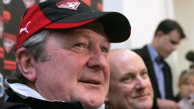 Essendon coach Kevin Sheedy announces his time at Essendon is over, with Peter Jackson watching on