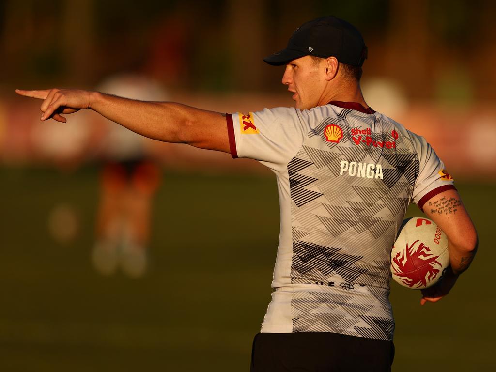Kalyn Ponga calling the shots during a Maroons training session. Picture: Chris Hyde/Getty Images