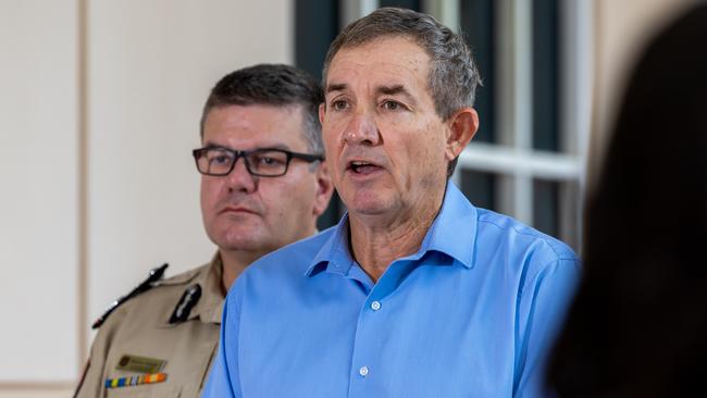 NT deputy Chief Minister Minister Gerard Maley and Corrections Commissioner Matthew Varley speaking outside of NT Parliament on Thursday ahead of a vote on a bill that will allow private contractors to take on prison officer roles. Picture: Pema Tamang Pakhrin