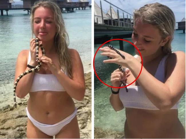 Suzanna Parrish poses with a sea krait in New Caledonia.