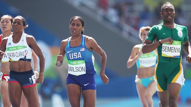 Caster Semenya of South Africa leads the field in women’s 800m heats.. Picture. Phil Hillyard