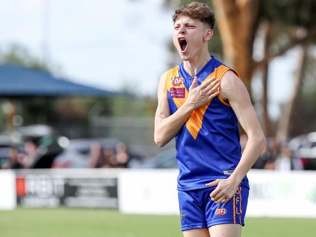 EDFL: Deer Park v St Albans at John McLeod Reserve. 22nd April 2023. N. Aleksovski of Deer Park celebrates his goal. Picture : George Sal