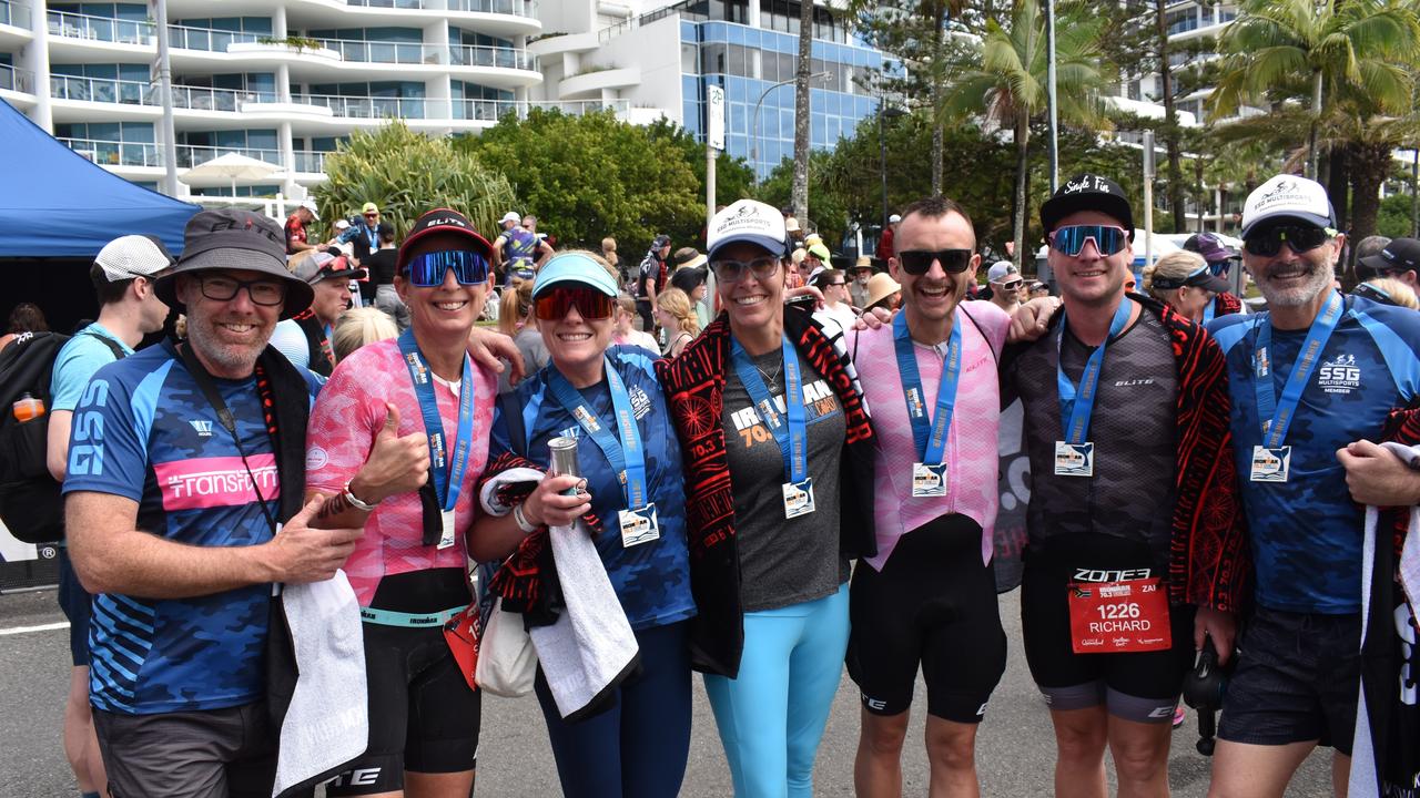 SSG Multisports Team - Sherie Bates, Natasha Gilmour, Malcolm Wesner, Keira Clark, Steve McCulloch, Dane Roffey and Richard Salmonsen at the Sunshine Coast Ironman 70.3 at Mooloolaba 2022.