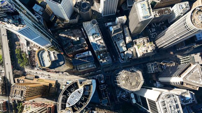 Aerial birds eye views of real estate and infrastructure in Sydney Australia of CBD