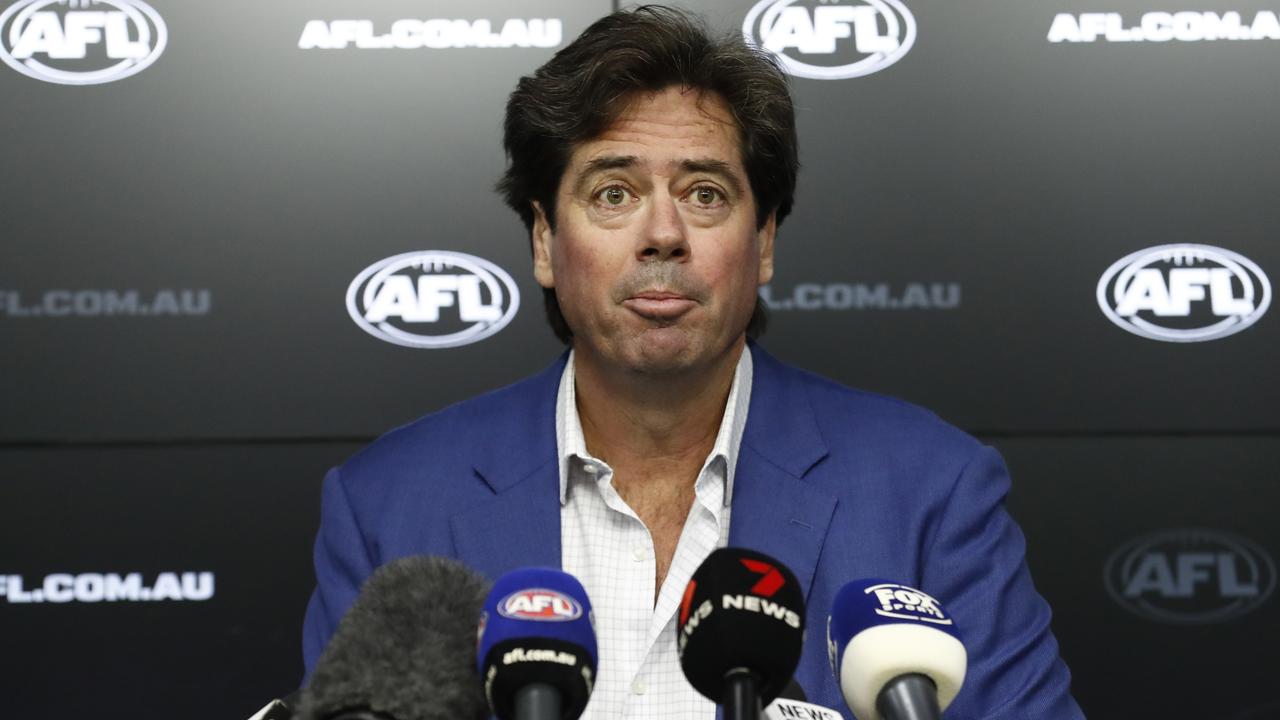 Gillon McLachlan at the AFL’s Hawthorn findings announcement. Picture: Getty Images