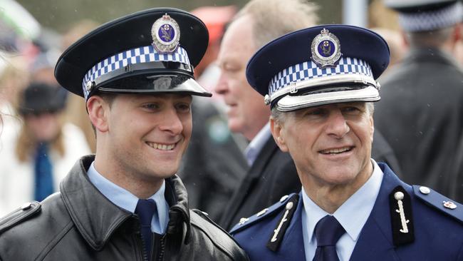 Then Probationary Constable Daniel Katsogiannis with his father then Detective Superintendent Arthur Katsogiannis in 2013.