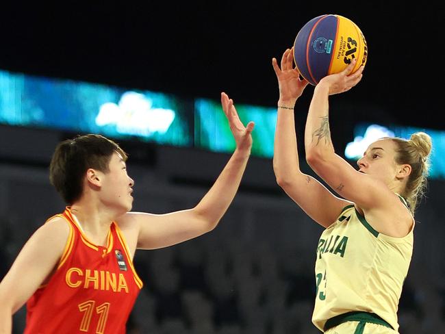 Australia’s Lauren Mansfield shoots during the match with China. Picture: Kelly Defina/Getty Images