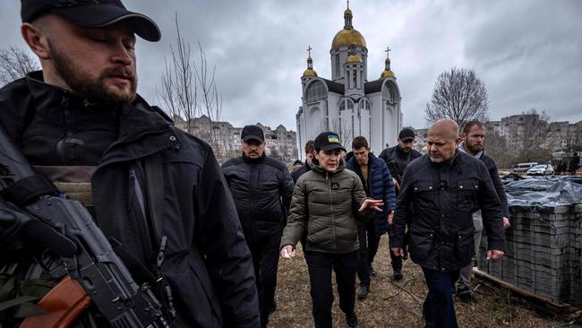 Ukraine's Prosecutor General Iryna Venediktova and Prosecutor of the International Criminal Court, Britain's Karim Khan, visit a mass grave in Bucha. Picture: AFP.