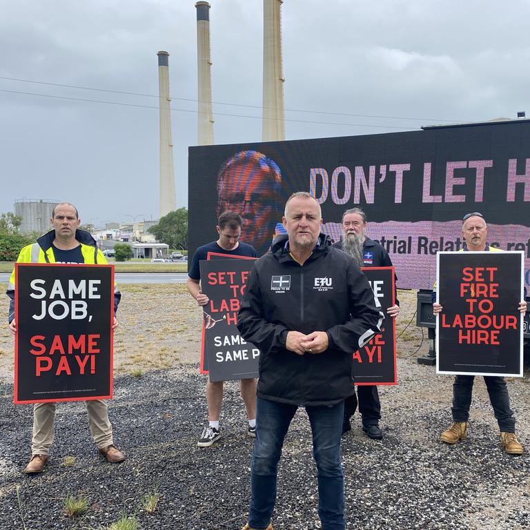 ETU State Secretary Peter Ong standing outside Gladstone Power Station campaigning against insecure work in Queensland following consecutive Coalition government. Picture: Nilsson Jones