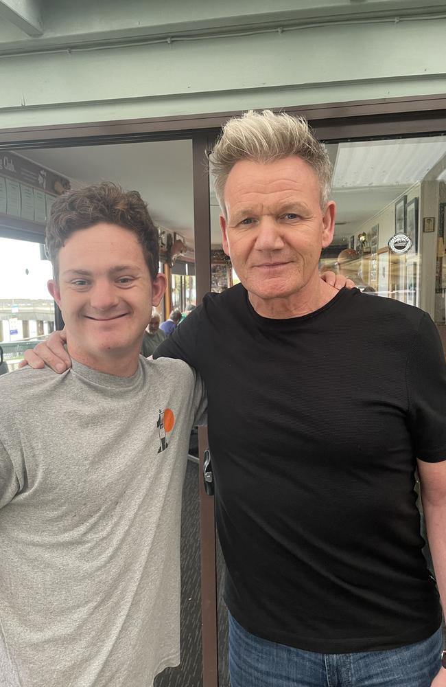 Lorne Aquatic and Angling Club helper and "world champion sausage eater" Ed Fry with Gordon Ramsay. Photo: Supplied.