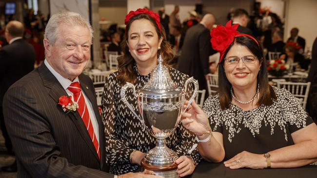 BRC chairman Neville Bell with Queensland Premier Annastacia Palaszczuk (centre) and Racing Minister Grace Grace at Eagle Farm on Stradbroke Day. Picture: Jared Vethaak.