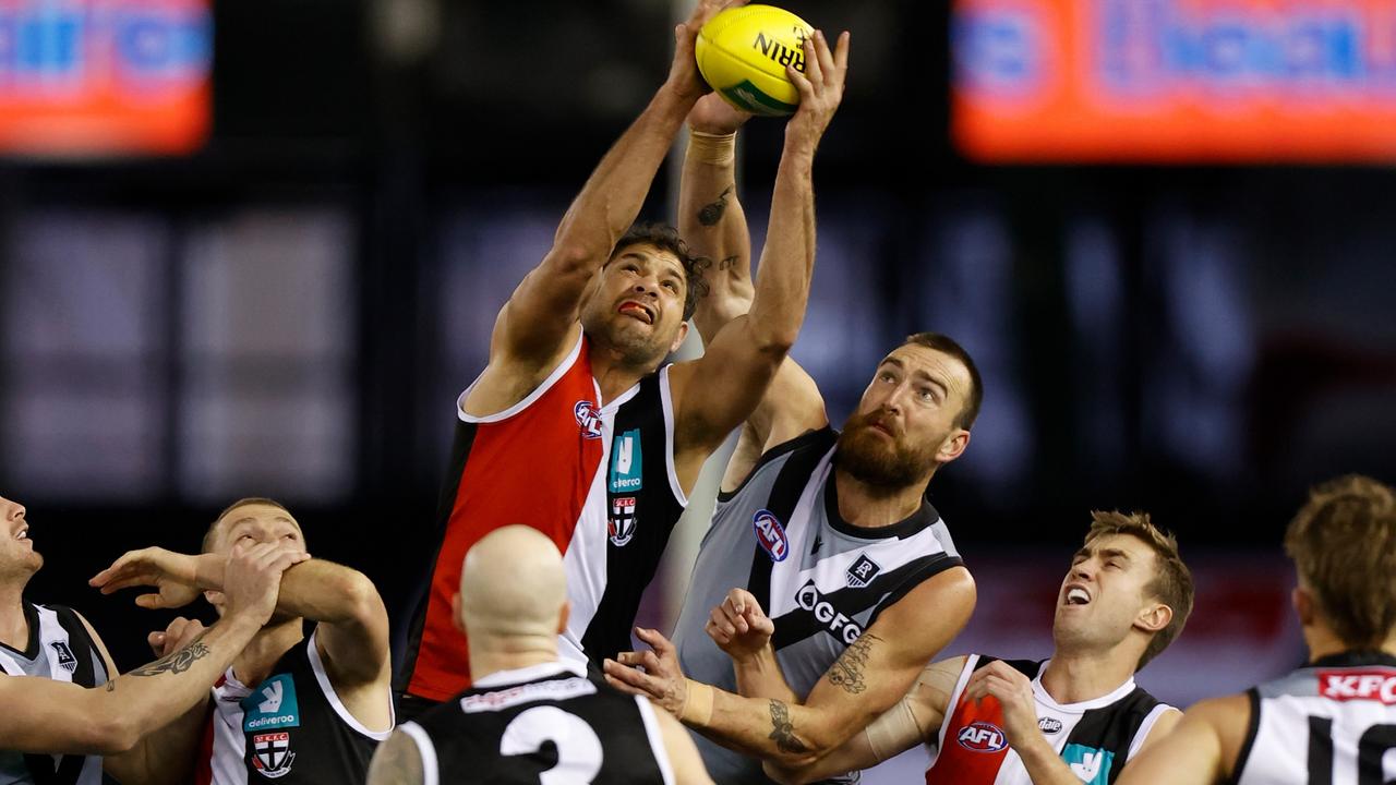 Tall timber Paddy Ryder and Charlie Dixon compete in a ruck contest. Picture: AFL Photos via Getty Images