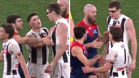 Christian Petrecca and Mason Cox clash after the siren on King's Birthday at the MCG. Pictures: Channel 7