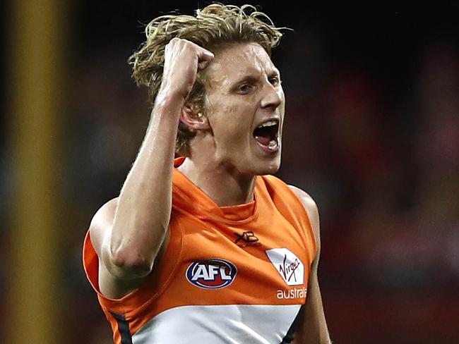 SYDNEY, AUSTRALIA - APRIL 27: Lachie Whitfield of the Giants celebrates a goal during the round 6 AFL match between the Sydney Swans and GWS Giants at Sydney Cricket Ground on April 27, 2019 in Sydney, Australia. (Photo by Ryan Pierse/Getty Images)