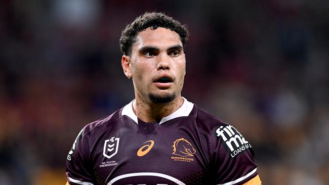 BRISBANE, AUSTRALIA – APRIL 30: Xavier Coates of the Broncos is seen after scoring a try during the round 8 NRL match between the Brisbane Broncos and the Gold Coast Titans at Suncorp Stadium, on April 30, 2021, in Brisbane, Australia. (Photo by Bradley Kanaris/Getty Images)