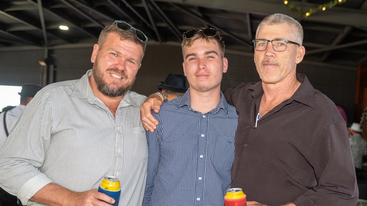 Dan Wilkins, Thomas Wilkins and Lance Bode at NQ Classic Derby Day Mackay Turf Club Saturday 30 September 2023 Picture: Michaela Harlow